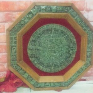 Vintage MCM Mayan Aztec  Malachite Stone Velvet Framed Boho Mexican Wall Art